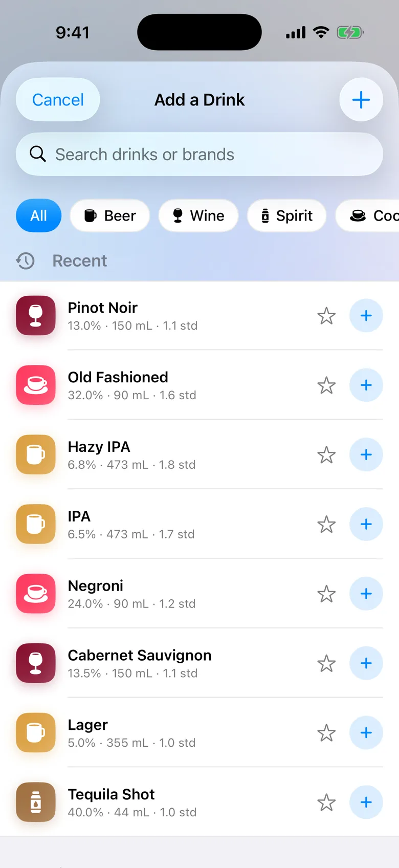 Add a Drink screen with category filters, recent drinks, favourite stars and quick add buttons