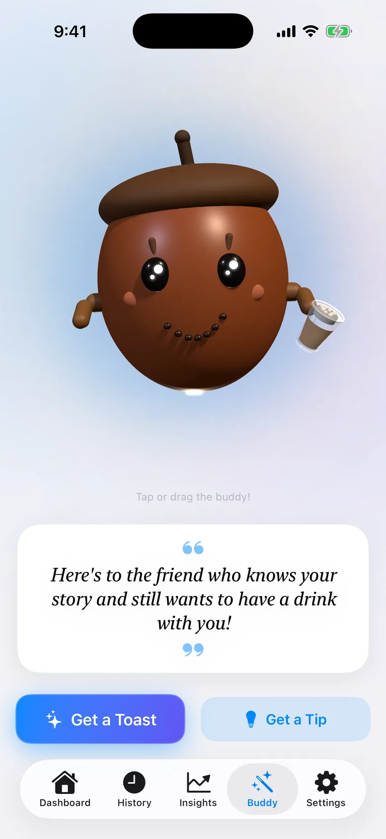 Drink Buddy acorn with a toast