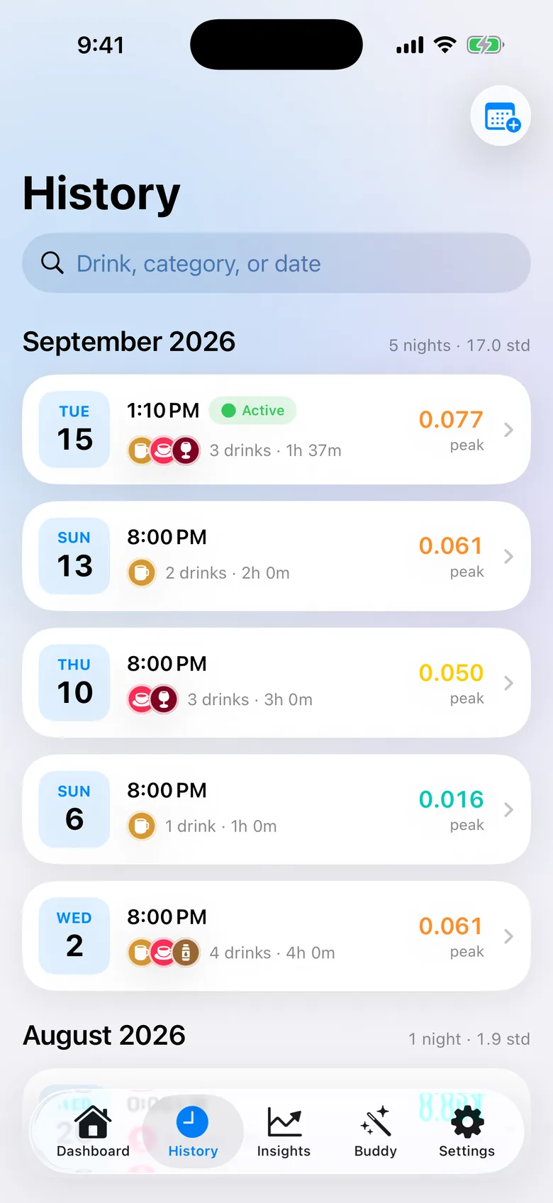 History grouped by month with each night's drinks, duration and peak BAC
